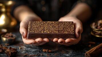 beautifully crafted chocolate bar adorned intricate golden Arabian designs rests on polished marble surface. Exotic spices and warm lighting create inviting atmosphere photo