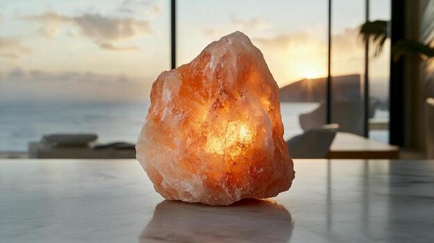 brillante calentar rosado y naranja matices himalaya sal lámpara agrega acogedor resplandor minimalista mesa en sereno ajuste puesta de sol ver foto