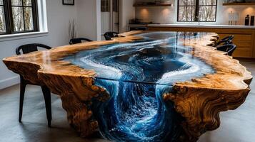 Large wooden dining table showcases stunning blue and white ocean wave epoxy resin. realistic sea effect enhances bright contemporary dining area photo