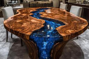 beautifully handcrafted wooden table features striking blue epoxy resin river flowing through polished wood grain enhancing minimalist decor of contemporary dining room photo