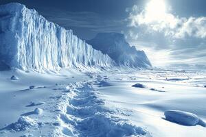 deep icy crevasse descends into darkness featuring sharp blue tinted ice walls. Soft light from cloudy sky reflects off frozen surfaces emphasizing cold atmosphere of glacier photo