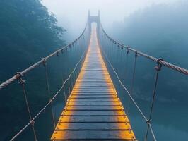 broken suspension bridge stretches across vast chasm hovering over misty canyon. Dramatic light enhances haunting atmosphere of emotional distance and abandonment photo