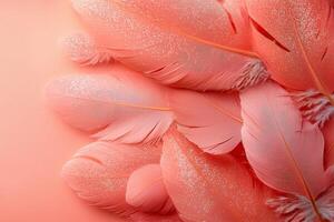 Delicate feathers in soft pastel shades are artistically placed on smooth background adorned subtle glitter providing perfect blank space for creative text or designs photo