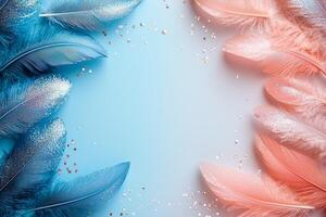 beautiful arrangement of delicate feathers in blue and pink hues dusted sparkling glitter creates inviting backdrop photo
