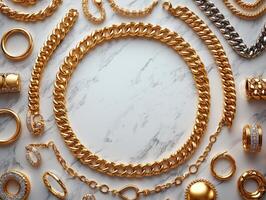 Delicate gold chains bracelets and rings are arranged elegantly on marble surface creating luxurious display large blank area for personalized text or logos photo