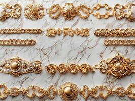 Delicate gold chains bracelets and rings are arranged on marble background creating elegant display. large blank area is present for adding custom text or logos enhancing versatility photo