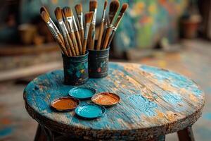 Paintbrushes rest in metal containers on textured wooden surface colorful paint dabs. setup highlights artistic process inviting creativity and expression photo