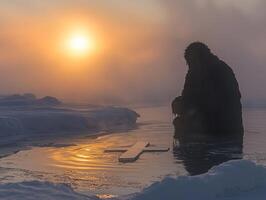 Immersed in cross shaped ice hole solitary figure experiences moment of spiritual reflection during Epiphany surrounded serene snowy landscape and soft glow of winter sunrise photo