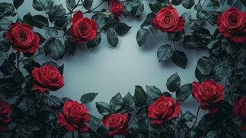 Fresh roses are beautifully arranged edges creating stunning floral frame clean white center is ready for text or creative designs photo