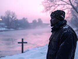 solitary individual immerses in cross shaped ice hole during Epiphany surrounded silence of snowy landscape their breath visible in cold air photo