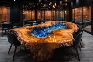 stunning handcrafted wooden dining table showcases vibrant blue epoxy resin river running through its center enhancing elegance of minimalist modern dining room setting photo