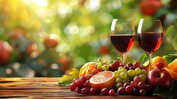 Two elegant glasses filled with red wine sit beside a colorful assortment of fruits. The warm sunlight filters through the lush greenery, creating love romantic atmosphere. Valentines day. photo