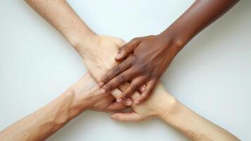 Diversity hands are layered together, harmony and cooperation. This display of unity captures the essence of collaboration across diverse. International Day of Human Fraternity. Zero Discrimination. photo