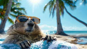 Happy Groundhog Day enjoys a sunny beach day, wearing stylish, oversized sunglasses. The scene features palm trees, sparkling ocean water, and clear blue skies, creating a lively, tropical atmosphere photo