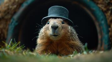 An adorable groundhog with a small green top hat peeks out from its cozy burrow on a bright and sunny afternoon. The setting is lively with green grass surrounding the entrance photo