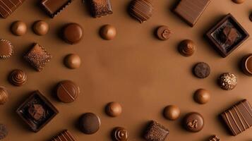 Mocha mousse arrangement of various chocolates on a smooth, warm backdrop. Sweets frame with empty place for text for showcasing dessert creativity or recipes photo