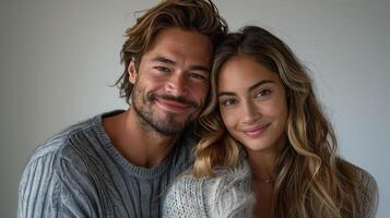 A handsome man and a beautiful woman are posing close to each other, both smiling warmly. They are dressed in cozy sweaters, giving a relaxed and intimate vibe in a softly lit room. Family day photo