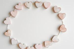 Light pink hearts wristband like circular frame adorns neutral background for festive or romantic occasion. The simplistic design with empty place for text. Valentines day banner with copy space. photo