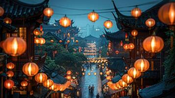 Chinese Lantern Festival. Visitors stroll through a lively street illuminated by glowing flashlight, capturing the joyful atmosphere of evening festivities in a bustling urban setting photo