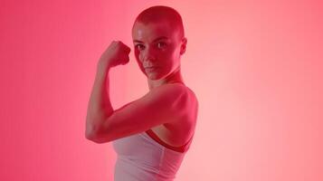 AccelerateAction banner with empty place for text. International Womens Day Accelerate Action. Strong confident white woman with short hair and hand show power. Pink IWD 2025 backdrop with copy space photo