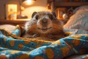 A charming groundhog is comfortably nestled in a bright, patterned blanket in a cozy bedroom. It looks happy and content, enjoying a peaceful moment in its warm surroundings photo
