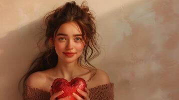 A young woman holds a red heart prop while smiling warmly. The soft lighting highlights her features, creating a cozy and inviting atmosphere in the room photo