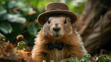 Happy Groundhog Day charming animal wears a small green top hat along with a bow tie while exploring its natural habitat on a sunny afternoon. The vibrant greenery surrounds this delightful creature photo