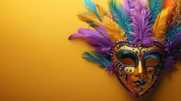 Mask featuring rich feathers and sparkling beads for Mardi Gras on bright yellow backdrop with big copy space. This setting evokes a sense of celebration and Fat Tuesday holiday photo
