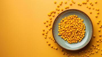 World Pulses Day Bright yellow peas are beautifully displayed in a shallow plate against a solid background with copy space. Vibrant colors, creating a visually appealing arrangement. photo