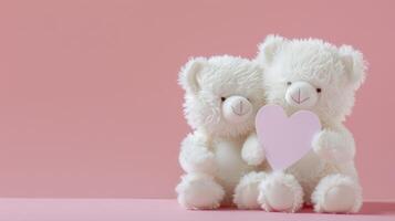 Valentines Day plush bears holding a heart shaped card between them banner with copy space. The soft pink background enhances their cheerful and loving appearance, perfect for any romantic occasion photo