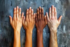 International Day of Human Fraternity. Zero Discrimination. Hands of different skin tones are shown side by side, symbolizing diversity, unity, and collaboration in a creative expression photo