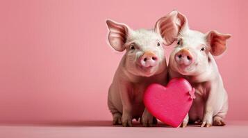 Valentines Day Background with pigs are standing side by side, holding a bright pink heart and empty place for text. Love animal on pink backdrop. Romantic banner with copy space photo