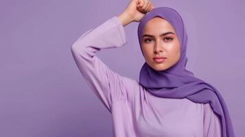 AccelerateAction banner with copy space. Minimalist backdrop with Woman in purple hijab. International Womens Day 2025 with pose. AccelerateAction background just add your text. photo