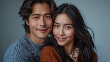 A handsome man and a beautiful woman smile warmly while posing together in a cozy studio environment, capturing a moment of joy and camaraderie between friends photo