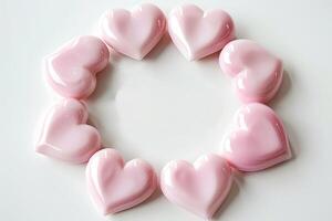 Delicate light pink hearts arranged in a circular pattern on a clean white background, perfect for setting a romantic atmosphere or celebrating love. Round Frame for text photo