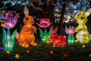 Visitors enjoy a mesmerizing display rabbits and colorful flowers during the Chinese Lantern Festival. The festive atmosphere captivates attendees. photo