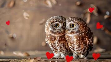 Cute owls express love while nestled closely together against a simple background adorned with hearts, showcasing their playful bond and charm. Happy Valentines Day banner with copy space photo