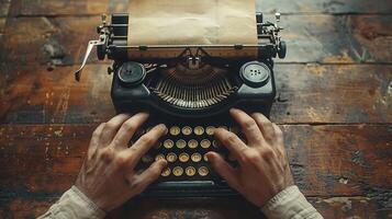 World writer's day. Hands are positioned on a vintage typewriter, rhythmically pressing keys as a blank sheet is ready for words. The setting suggests a creative workspace with a rustic wooden table photo