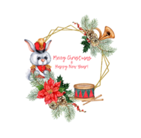 Military rabbit with holly, red berries, poinsettia, drum, bugle, pine cone watercolor illustration. Christmas, New Year decorations isolated from background. Hexagonal geometric frame, wreath png