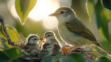 A bird with its young in a nest photo