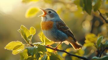 A small bird is singing in the sunlight photo