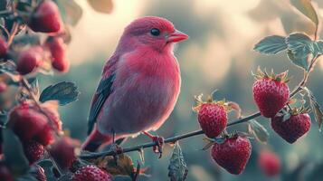 A pink bird is perched on a branch of berries photo