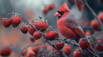 A red bird sits on a branch of berries photo