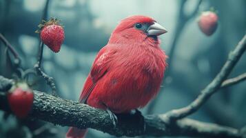 A red bird is perched on a branch photo