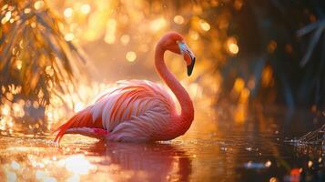 A flamingo is standing in the water at sunset photo