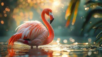 A flamingo is standing in the water photo
