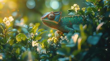A chameleon is sitting on top of some green plants photo