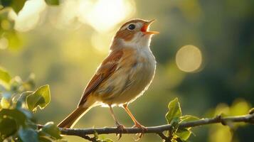 A small bird is singing on a branch photo