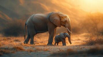 An elephant and her baby are walking in the desert photo
