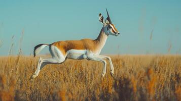 A gazelle running through a field of tall grass photo